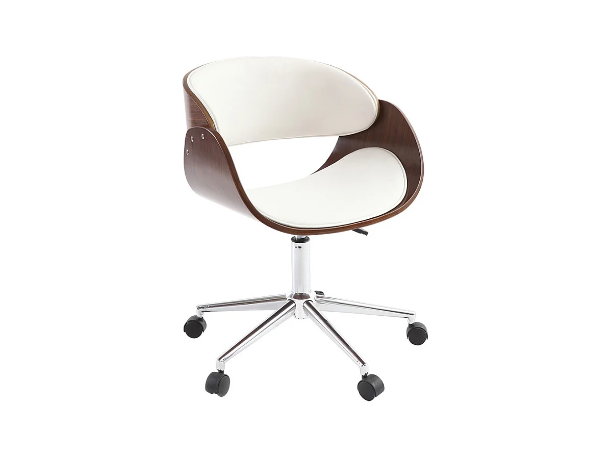 Chaise de bureau à roulettes design blanc, bois foncé noyer et acier chromé BENT