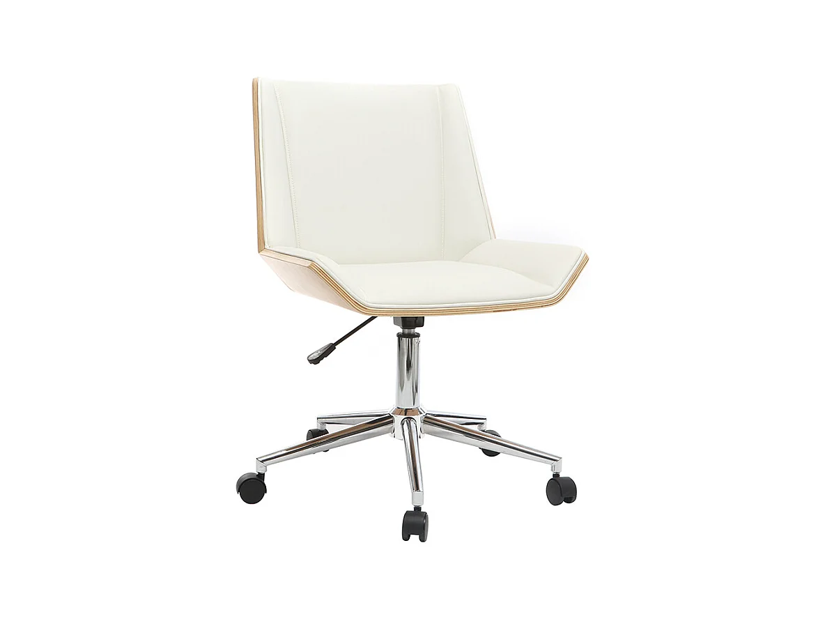 Chaise de bureau à roulettes design blanc, bois clair et acier chromé MELKIOR