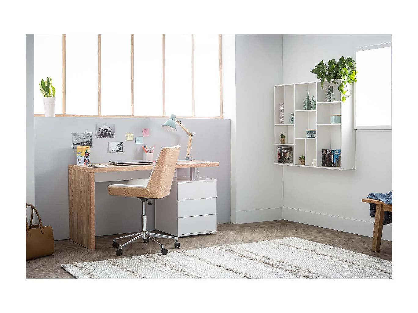 Silla de escritorio moderna PU blanca y madera clara MELKIOR