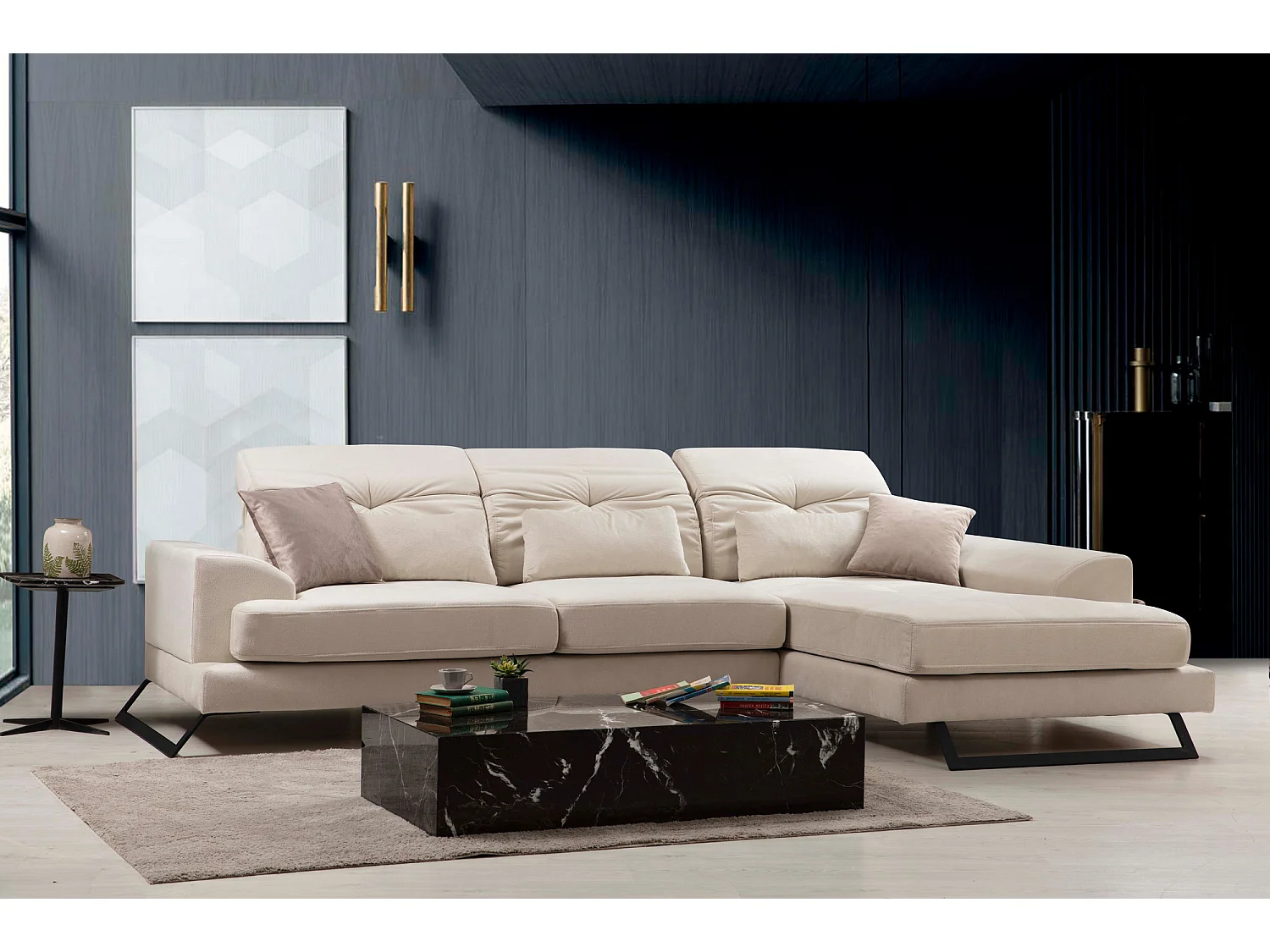 Canapé d'angle droit velours beige clair avec têtières relevables et pieds metal noir Briko 308cm