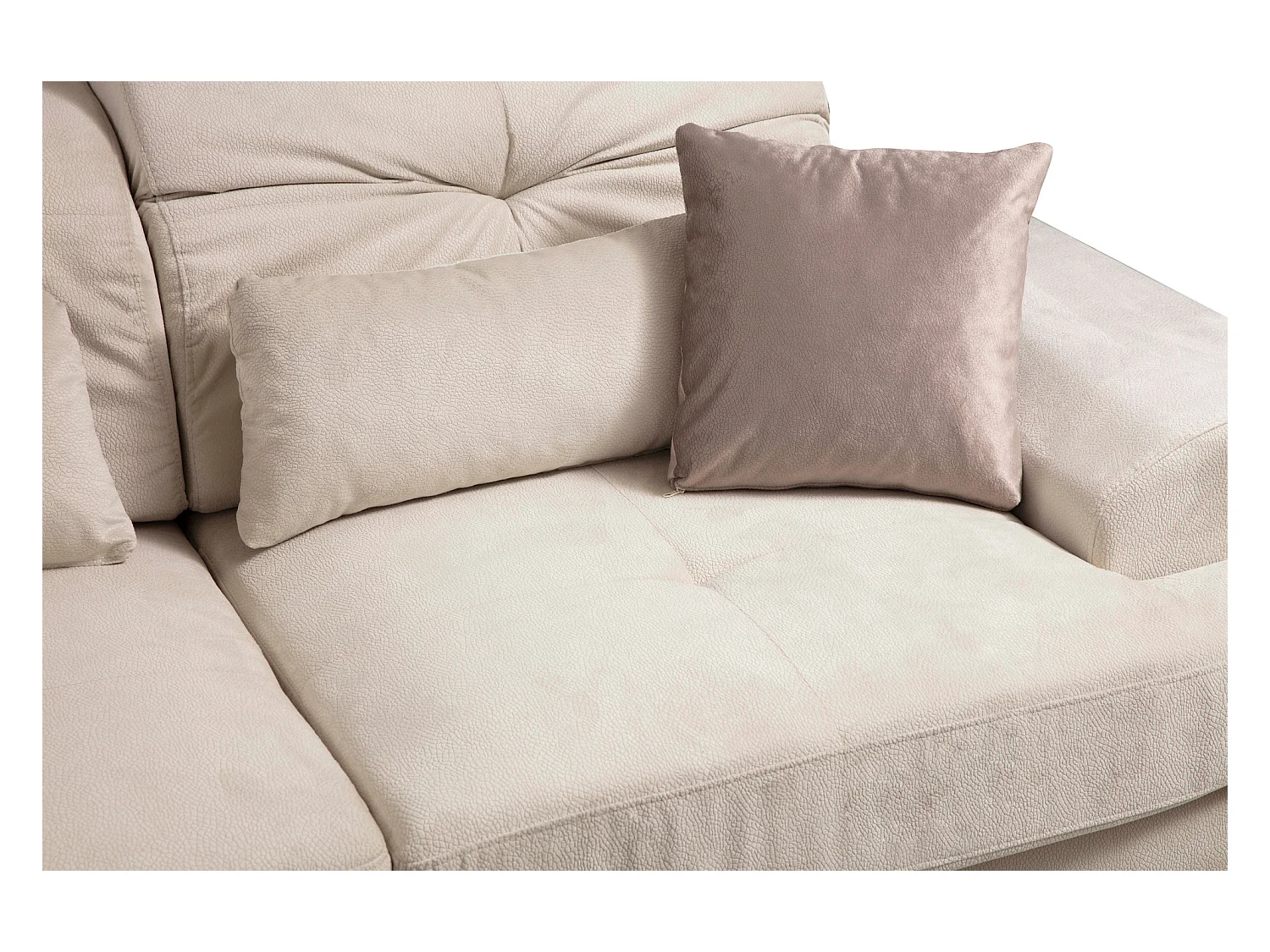 Canapé d'angle droit velours beige clair avec têtières relevables et pieds metal noir Briko 308cm