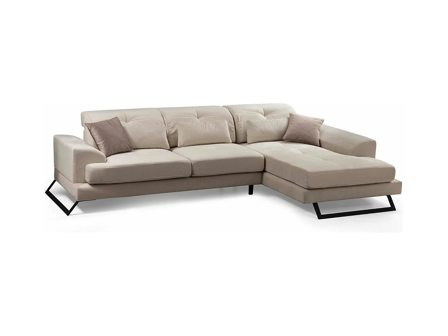 Canapé d'angle droit velours beige clair avec têtières relevables et pieds metal noir Briko 308cm