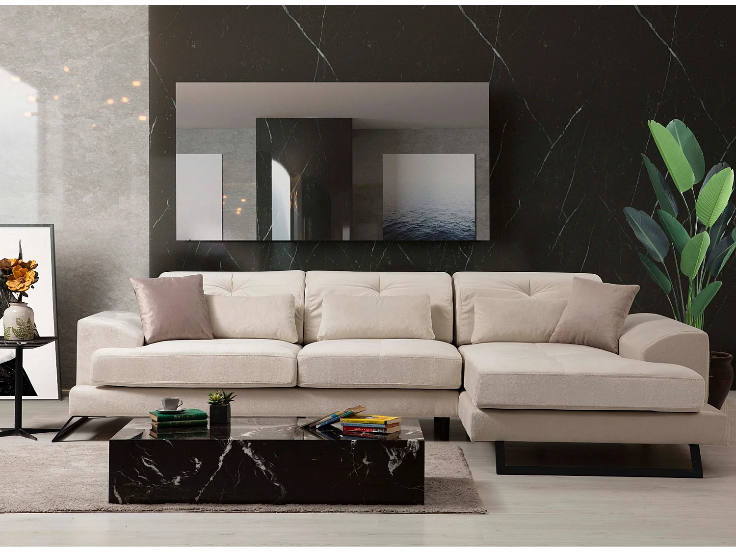 Canapé d'angle droit velours beige clair avec têtières relevables et pieds metal noir Briko 308cm