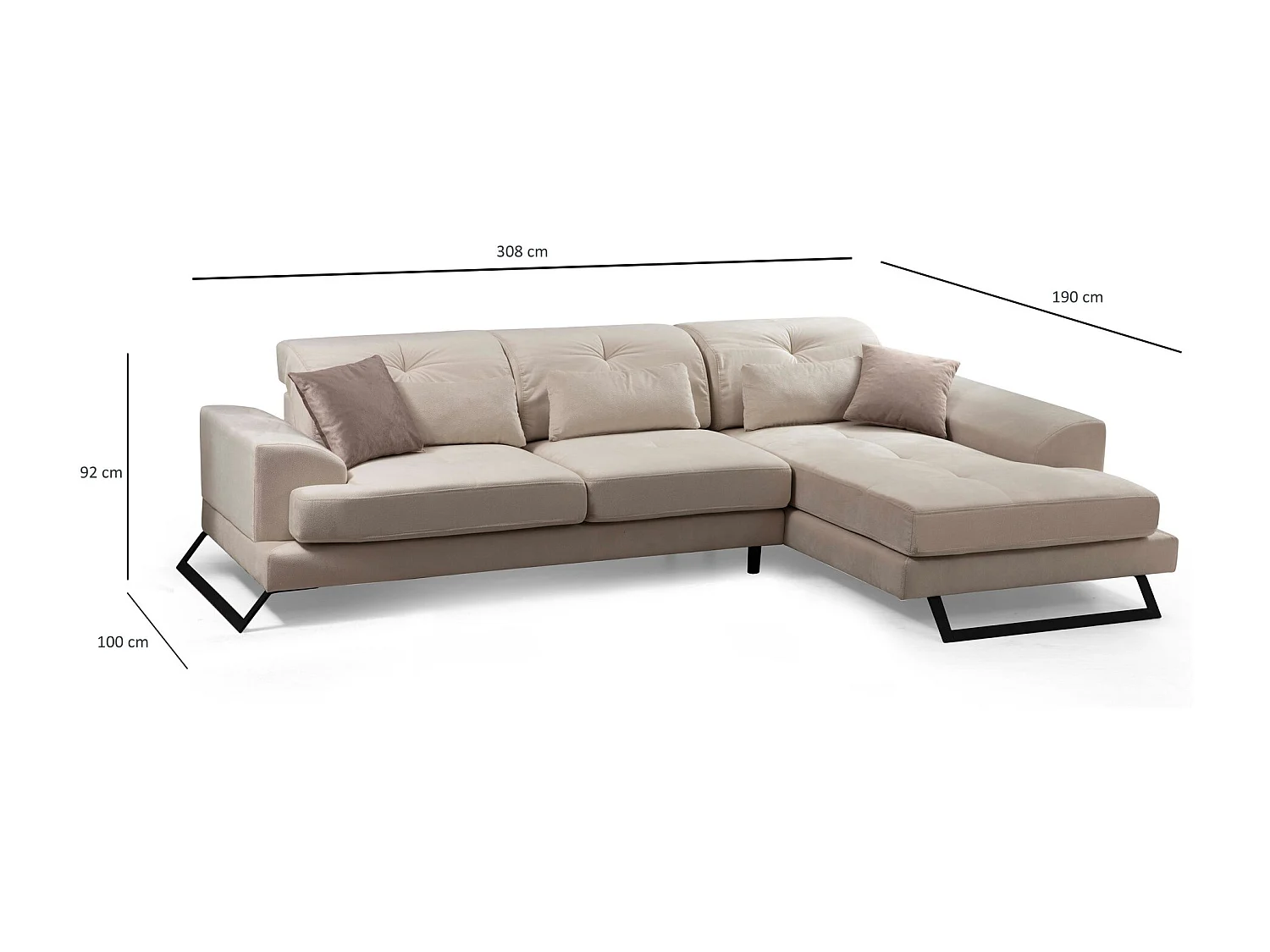 Canapé d'angle droit velours beige clair avec têtières relevables et pieds metal noir Briko 308cm