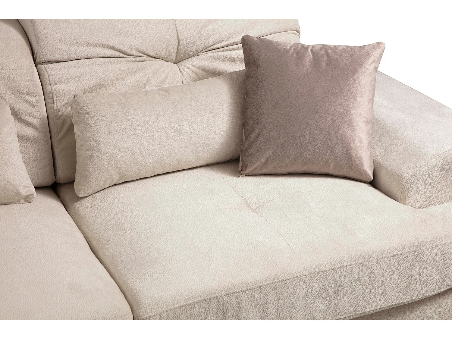 Canapé d'angle droit velours beige clair avec têtières relevables et pieds metal noir Briko 308cm