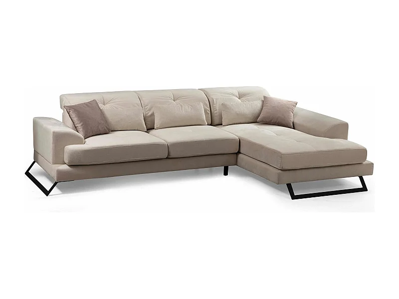 Canapé d'angle droit velours beige clair avec têtières relevables et pieds metal noir Briko 308cm