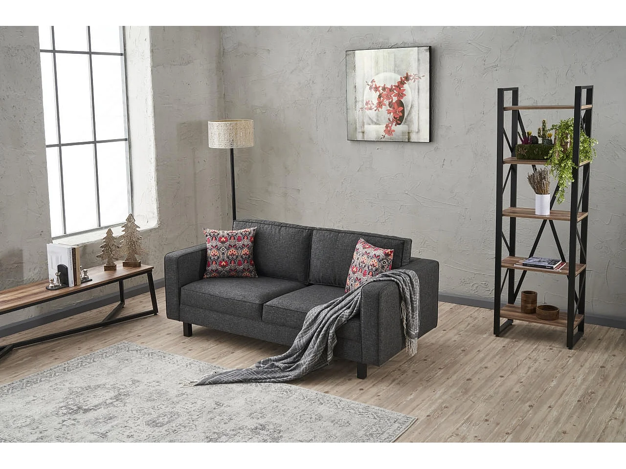 Canapé classique 2 places tissu lin anthracite Kalena 180cm