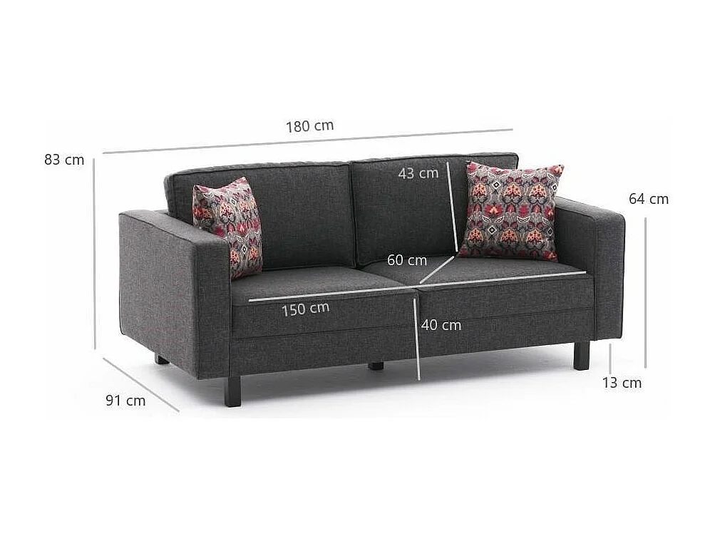 Canapé classique 2 places tissu lin anthracite Kalena 180cm