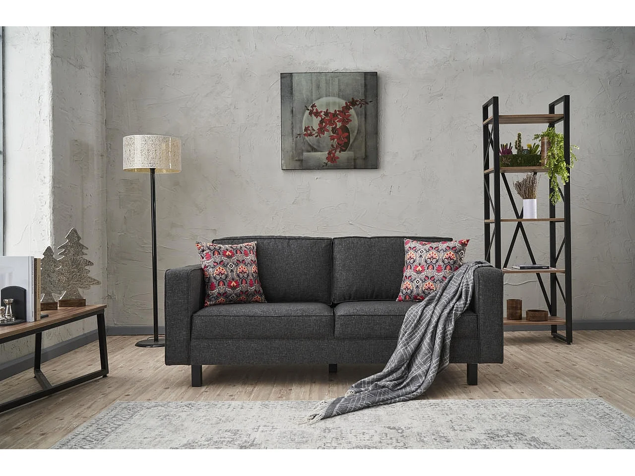 Canapé classique 2 places tissu lin anthracite Kalena 180cm