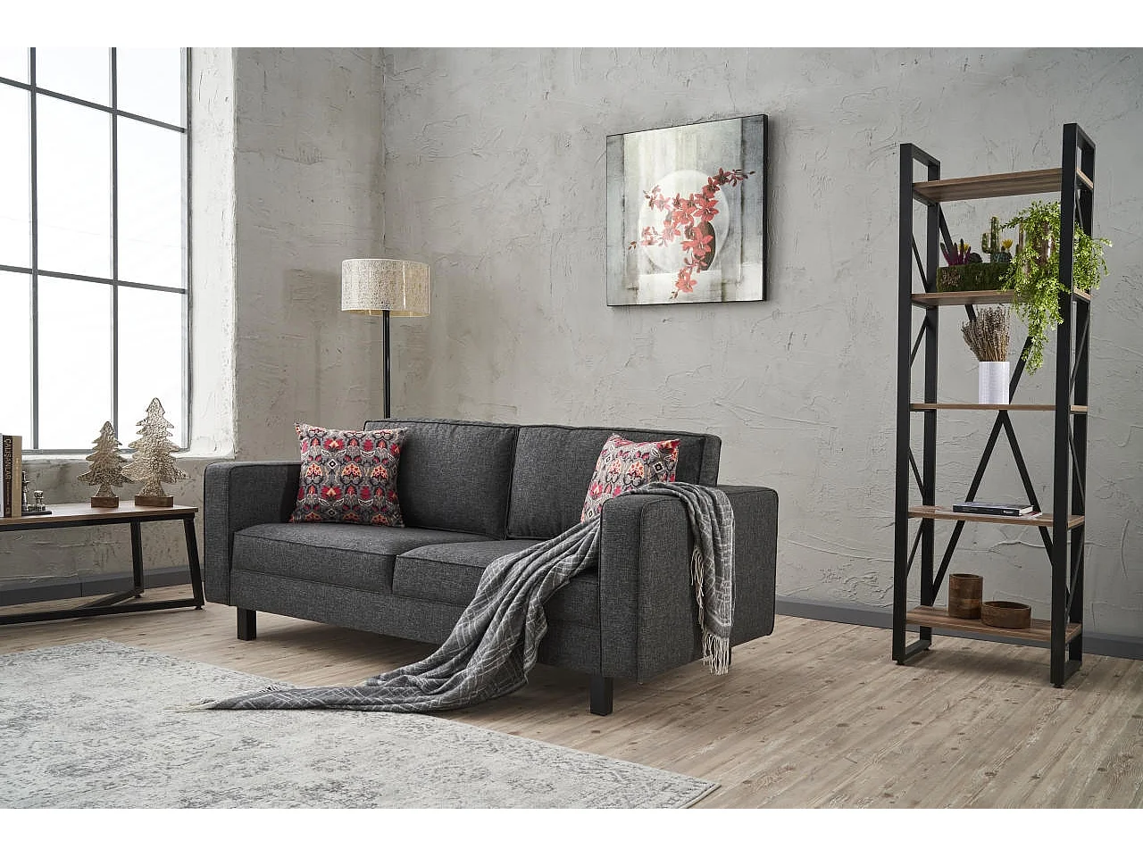 Canapé classique 2 places tissu lin anthracite Kalena 180cm