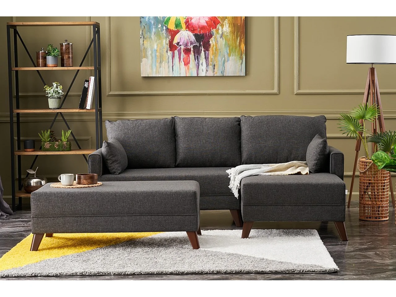 Petit canapé convertible d'angle droit avec pouf tissu gris foncé Kandy 205cm