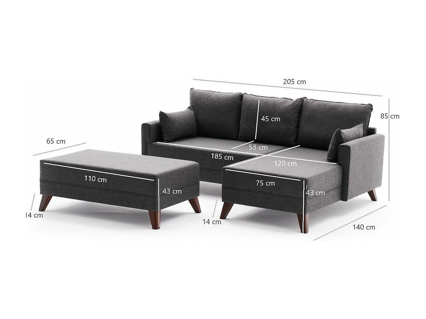 Petit canapé convertible d'angle droit avec pouf tissu gris foncé Kandy 205cm