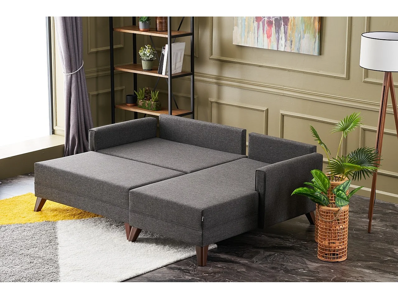 Petit canapé convertible d'angle droit avec pouf tissu gris foncé Kandy 205cm
