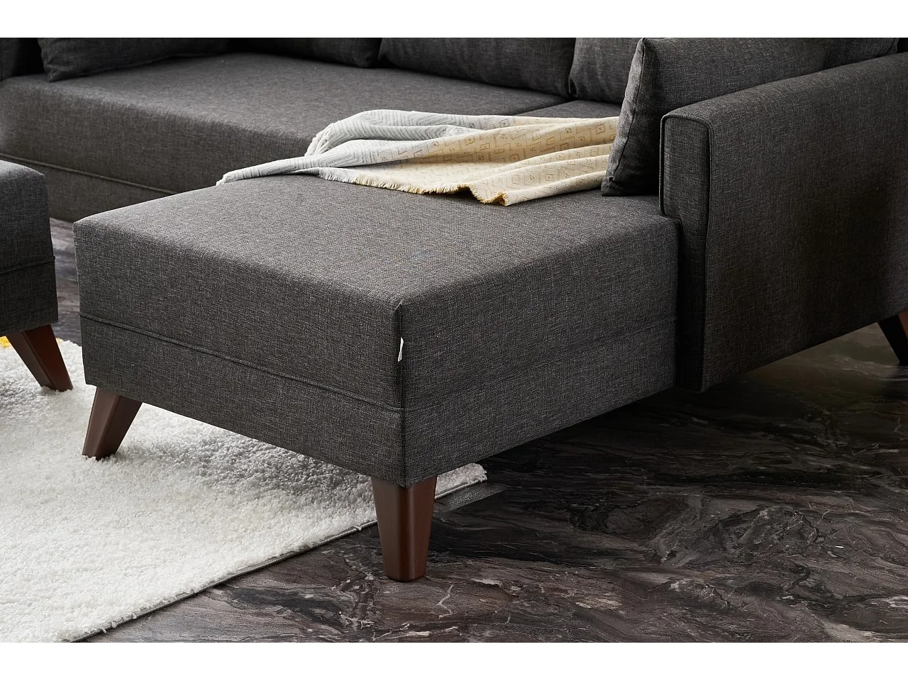 Petit canapé convertible d'angle droit avec pouf tissu gris foncé Kandy 205cm