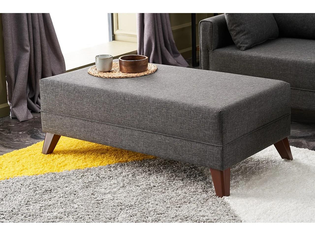 Petit canapé convertible d'angle droit avec pouf tissu gris foncé Kandy 205cm