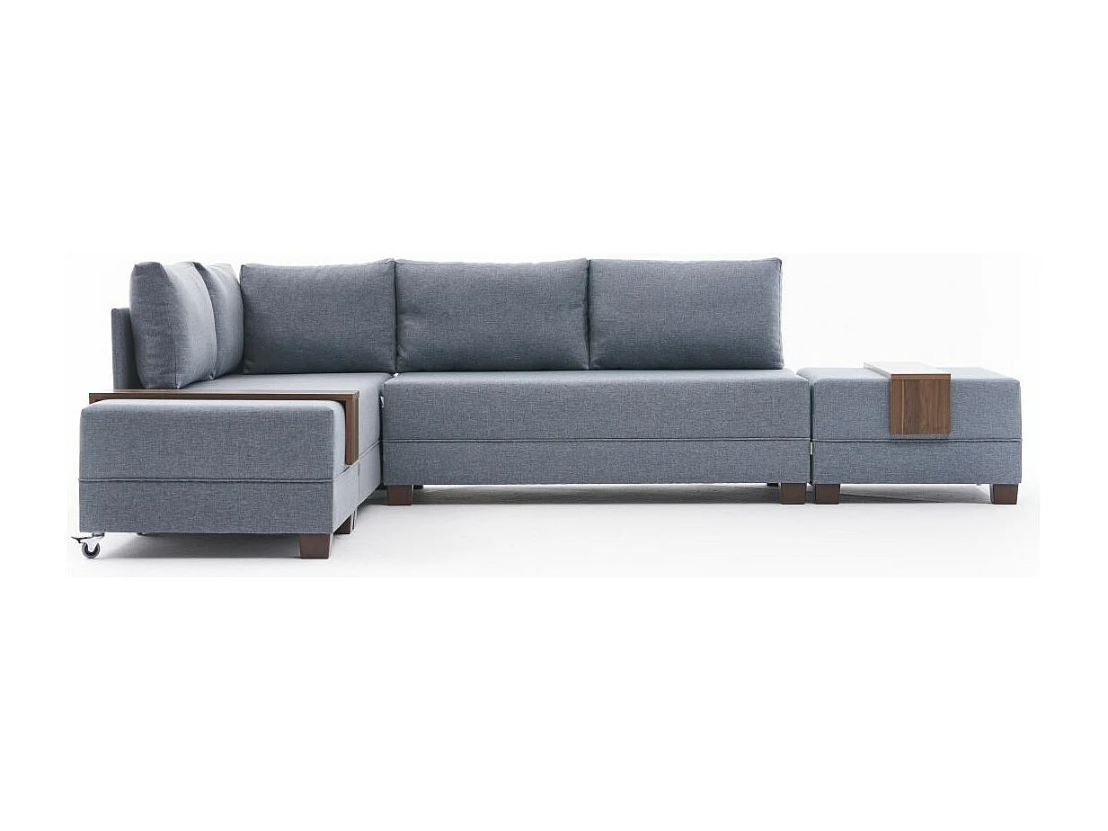 Canapé d'angle convertible et 2 poufs tissu Tikona 280cm-Bleu charrette-angle gauche