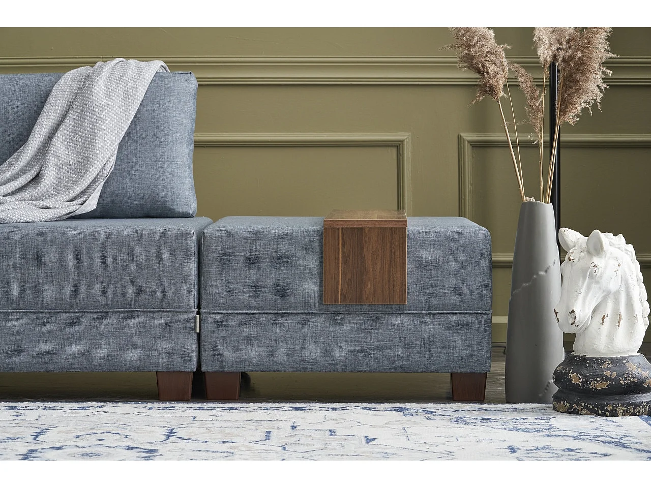 Canapé d'angle convertible et 2 poufs tissu Tikona 280cm-Bleu charrette-angle gauche