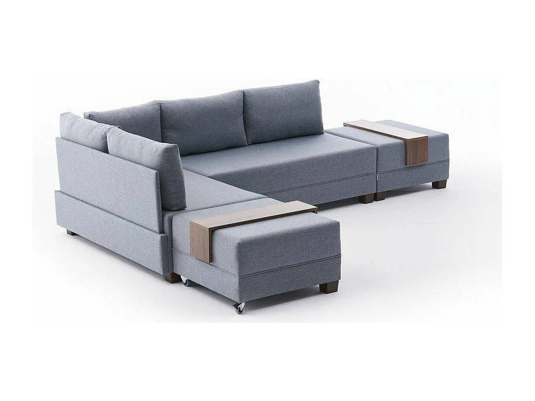 Canapé d'angle convertible et 2 poufs tissu Tikona 280cm-Bleu charrette-angle gauche