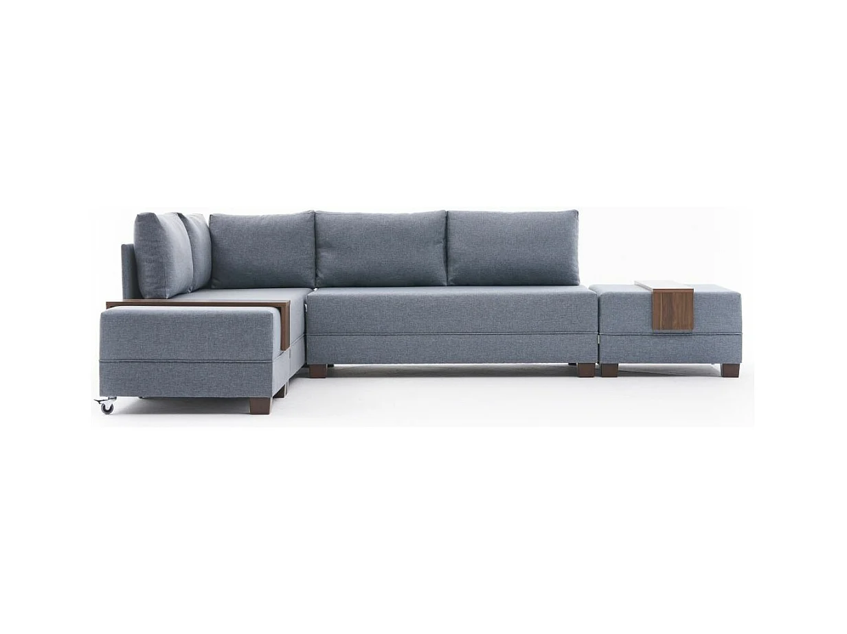 Canapé d'angle convertible et 2 poufs tissu Tikona 280cm-Bleu charrette-angle gauche