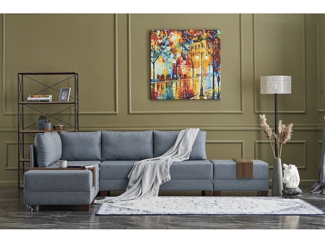 Canapé d'angle convertible et 2 poufs tissu Tikona 280cm-Bleu charrette-angle gauche