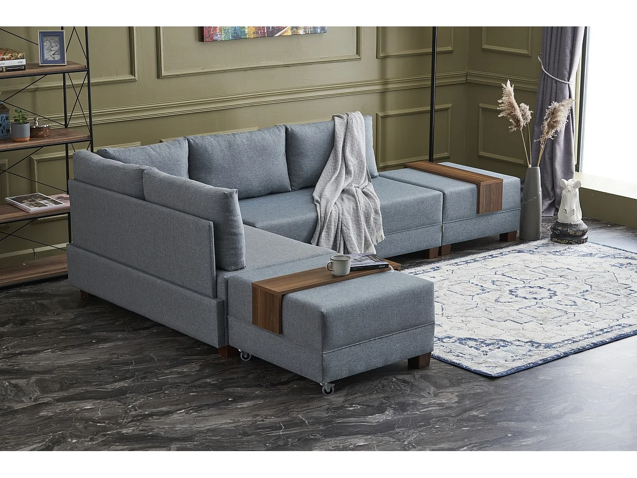 Canapé d'angle convertible et 2 poufs tissu Tikona 280cm-Bleu charrette-angle gauche