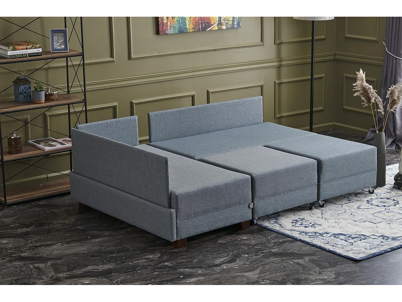 Canapé d'angle convertible et 2 poufs tissu Tikona 280cm-Bleu charrette-angle gauche