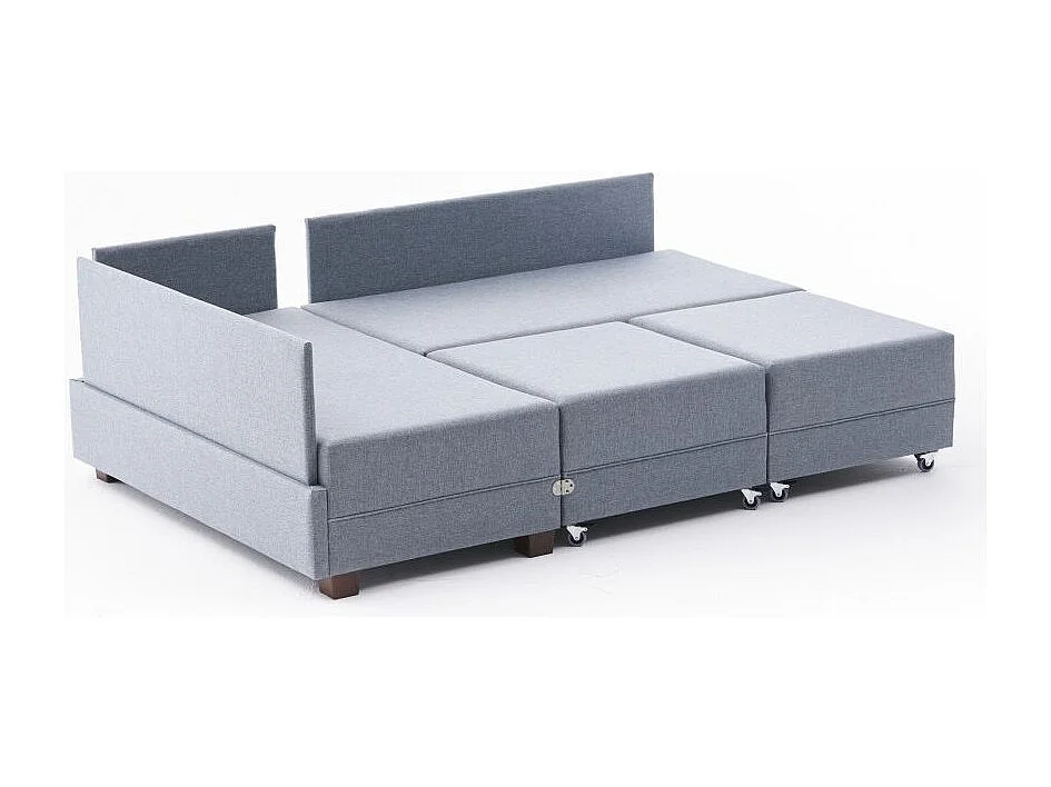 Canapé d'angle convertible et 2 poufs tissu Tikona 280cm-Bleu charrette-angle gauche