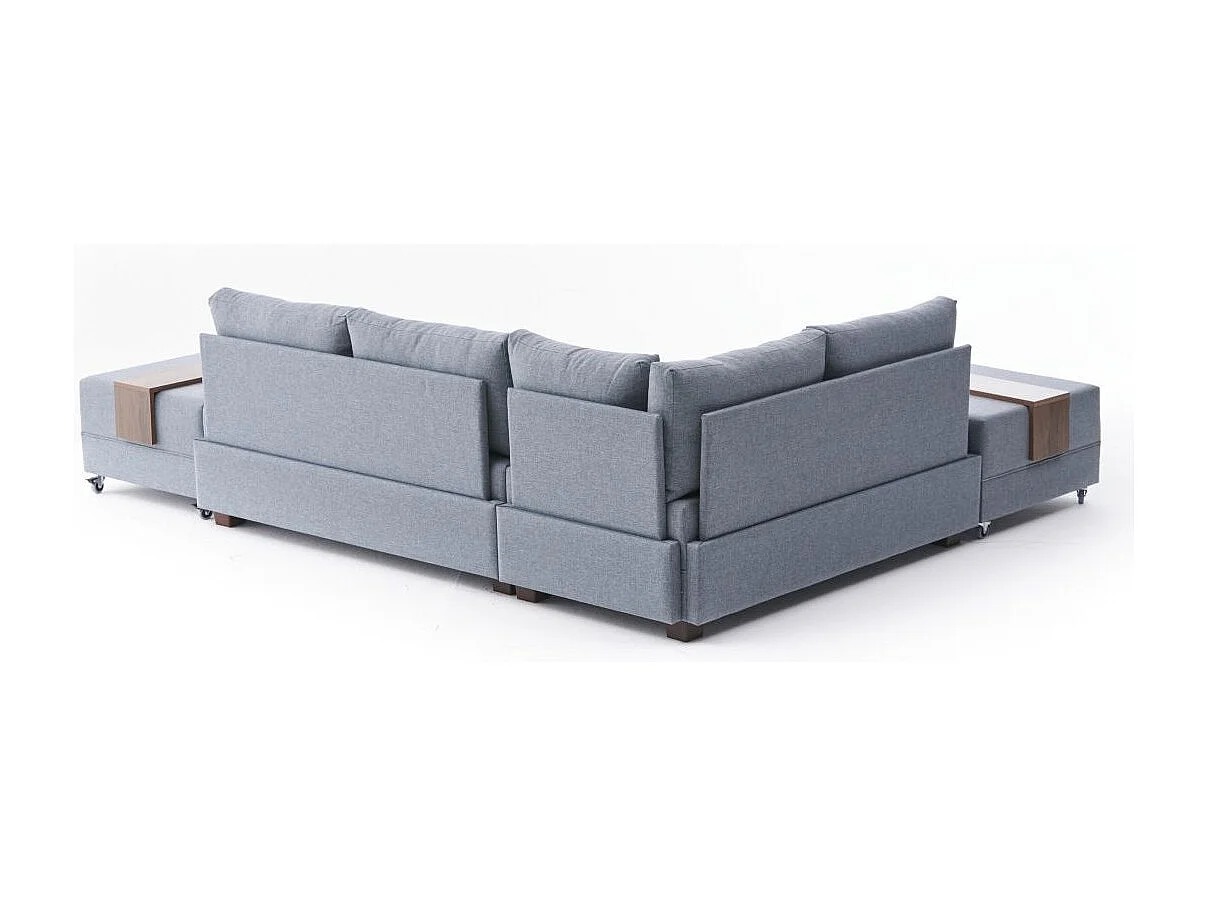 Canapé d'angle convertible et 2 poufs tissu Tikona 280cm-Bleu charrette-angle gauche
