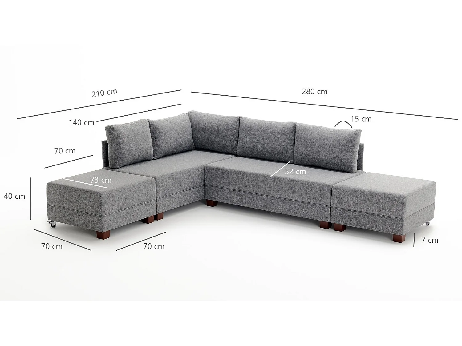 Canapé d'angle convertible et 2 poufs tissu Tikona 280cm-Bleu charrette-angle gauche