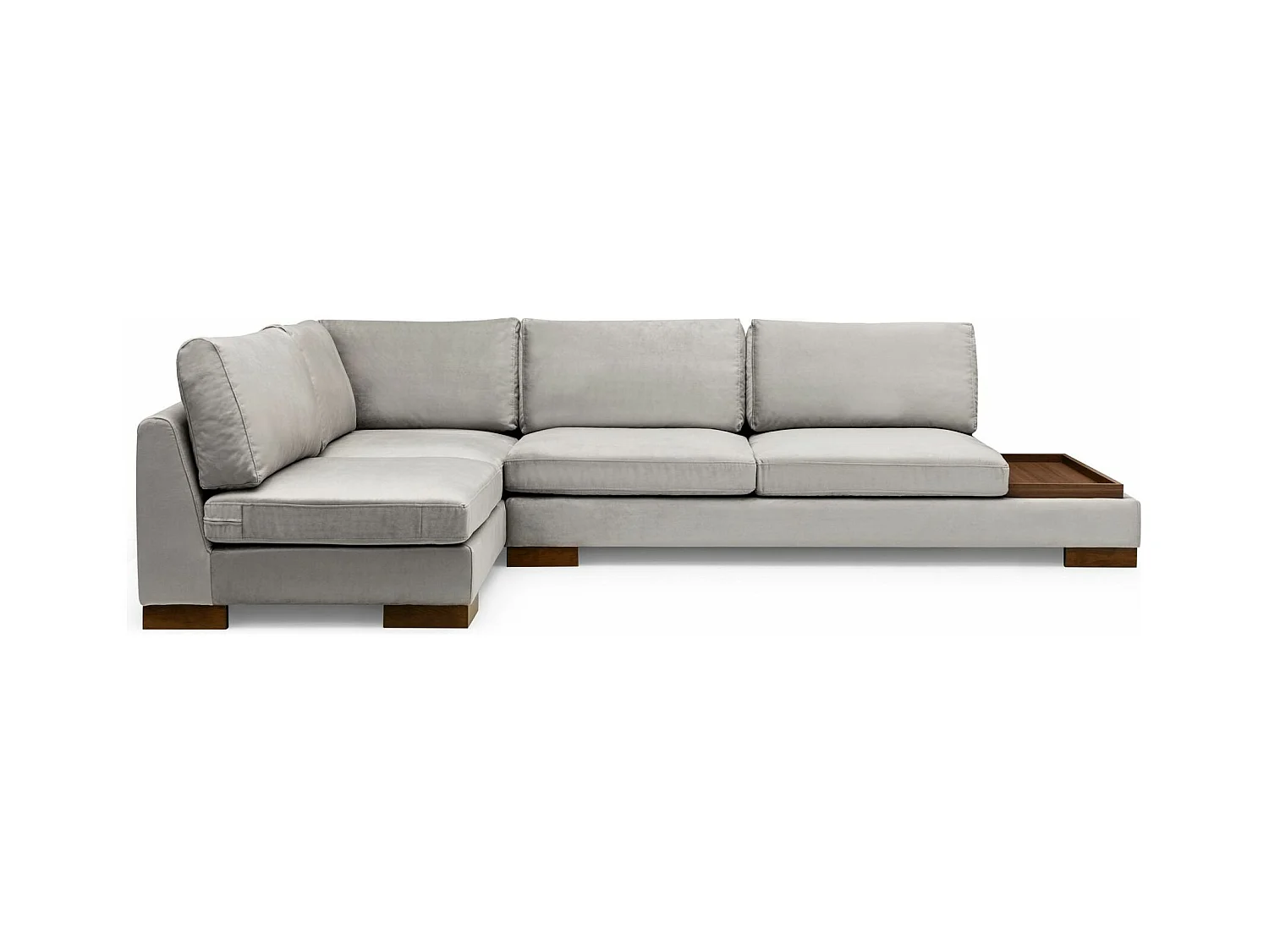 Canapé d'angle velours avec plateau en bois noyer Bakiza 313cm-Gris clair-angle gauche-avec pouf