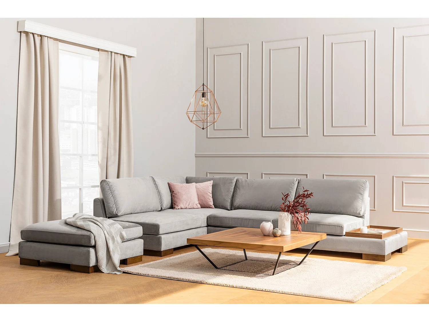 Canapé d'angle velours avec plateau en bois noyer Bakiza 313cm-Gris clair-angle gauche-avec pouf