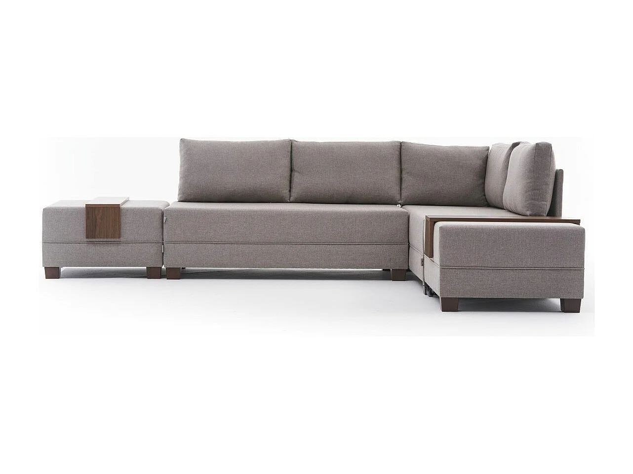 Canapé d'angle convertible et 2 poufs tissu Tikona 280cm-Beige clair-angle droit