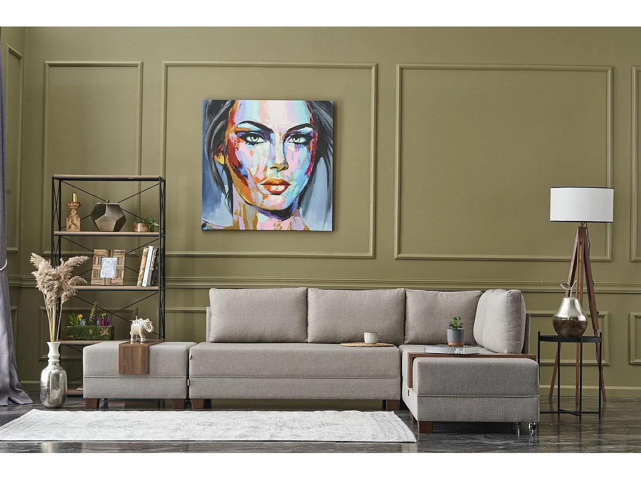 Canapé d'angle convertible et 2 poufs tissu Tikona 280cm-Beige clair-angle droit