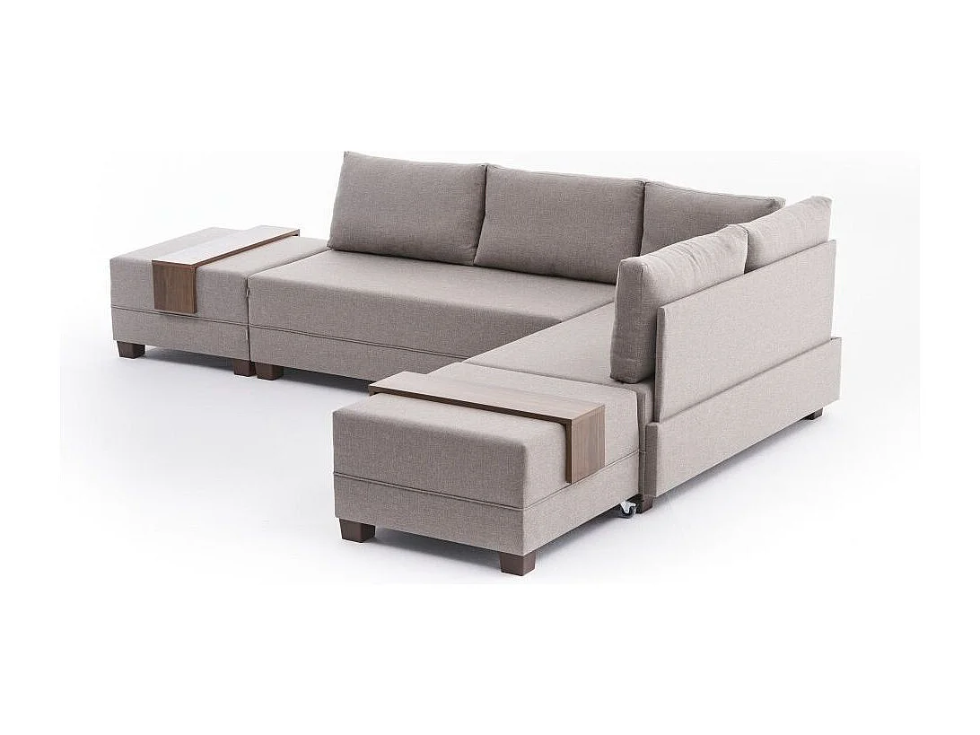 Canapé d'angle convertible et 2 poufs tissu Tikona 280cm-Beige clair-angle droit