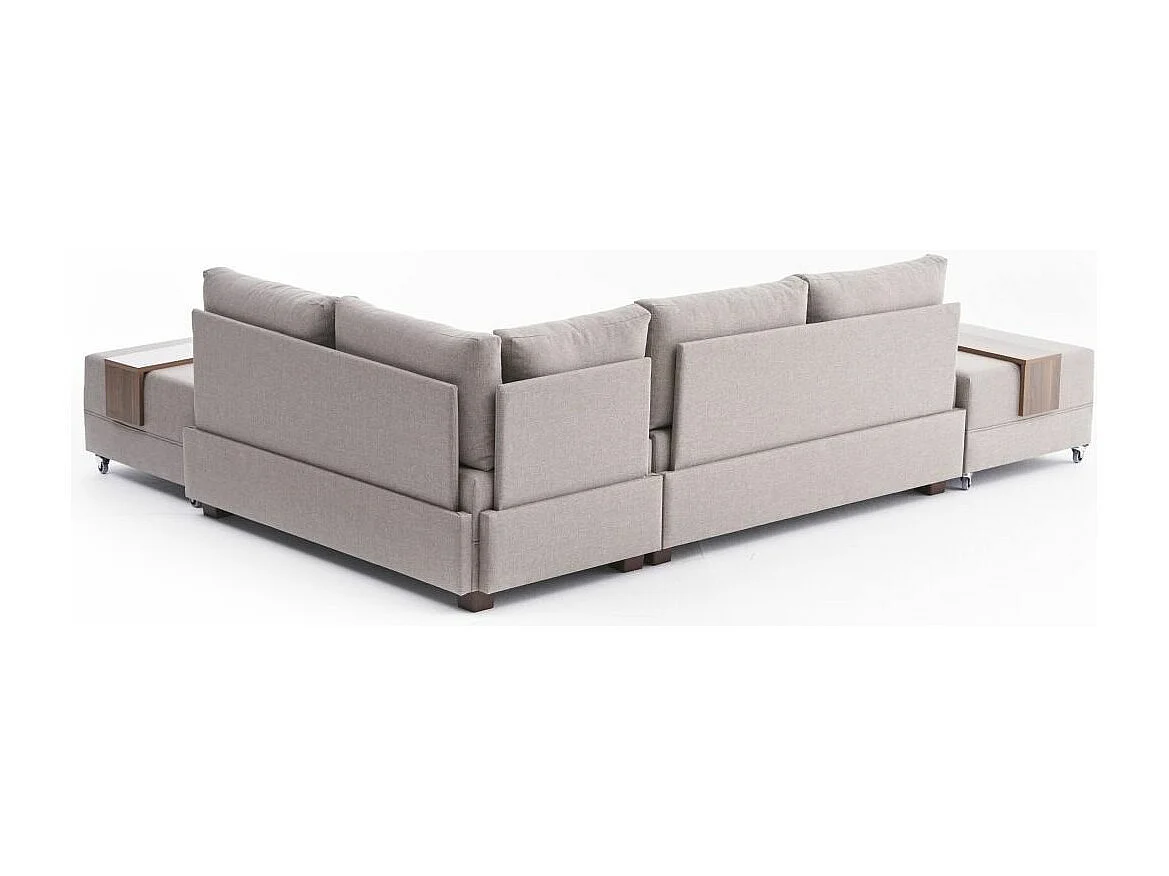 Canapé d'angle convertible et 2 poufs tissu Tikona 280cm-Beige clair-angle droit