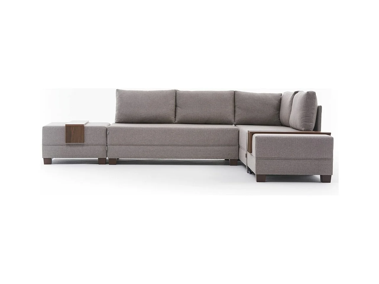 Canapé d'angle convertible et 2 poufs tissu Tikona 280cm-Beige clair-angle droit
