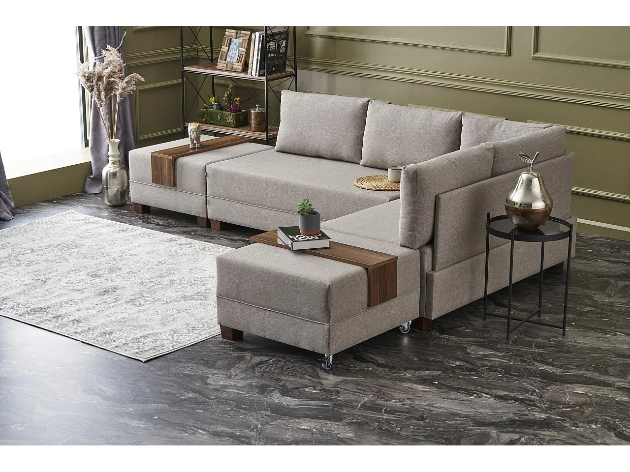 Canapé d'angle convertible et 2 poufs tissu Tikona 280cm-Beige clair-angle droit