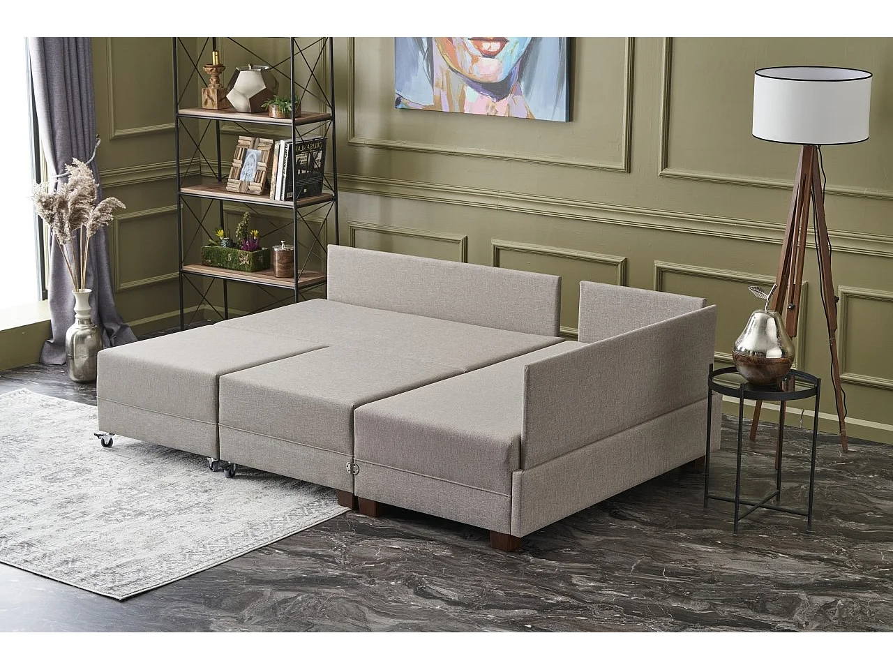 Canapé d'angle convertible et 2 poufs tissu Tikona 280cm-Beige clair-angle droit