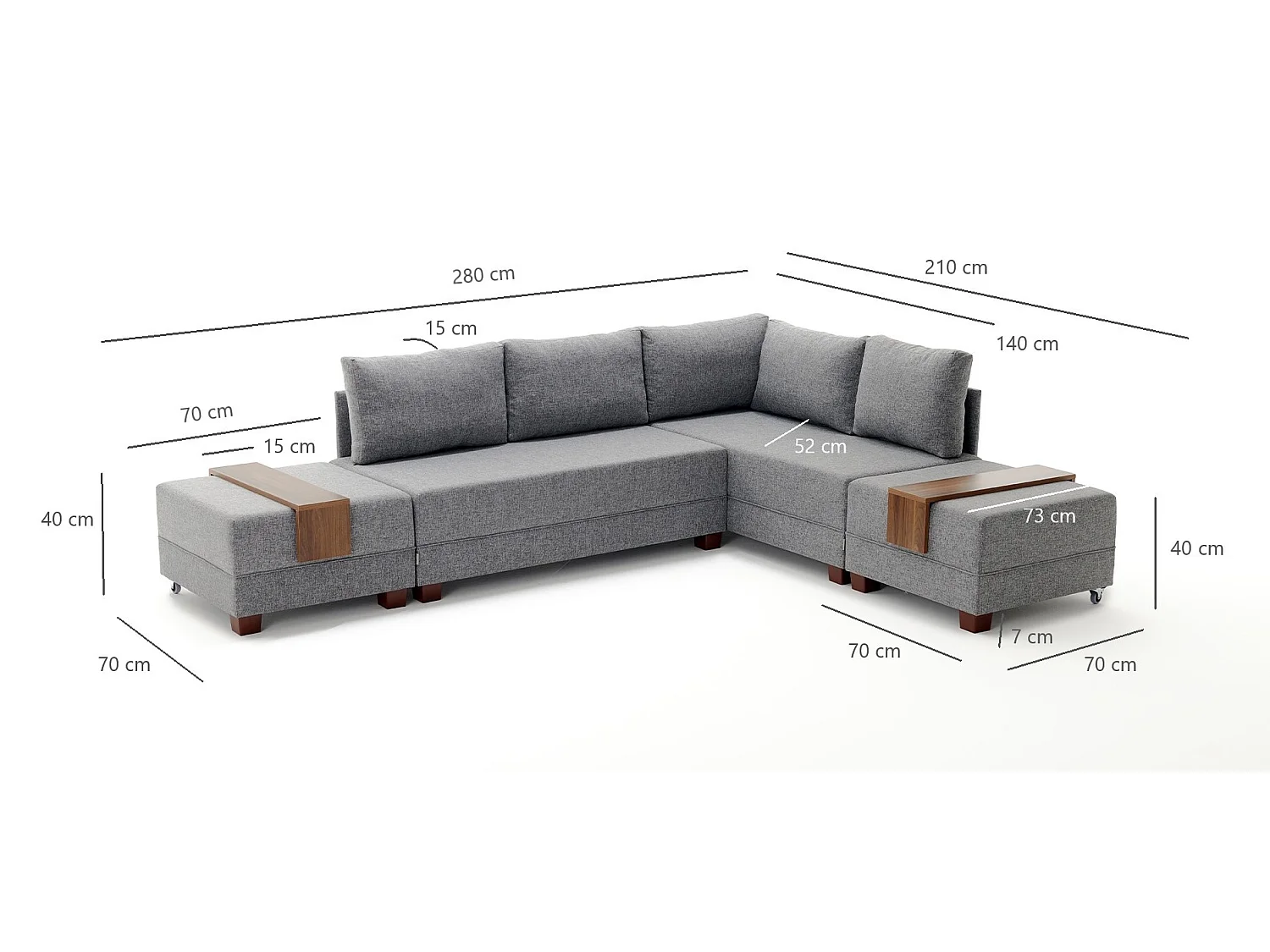 Canapé d'angle convertible et 2 poufs tissu Tikona 280cm-Beige clair-angle droit