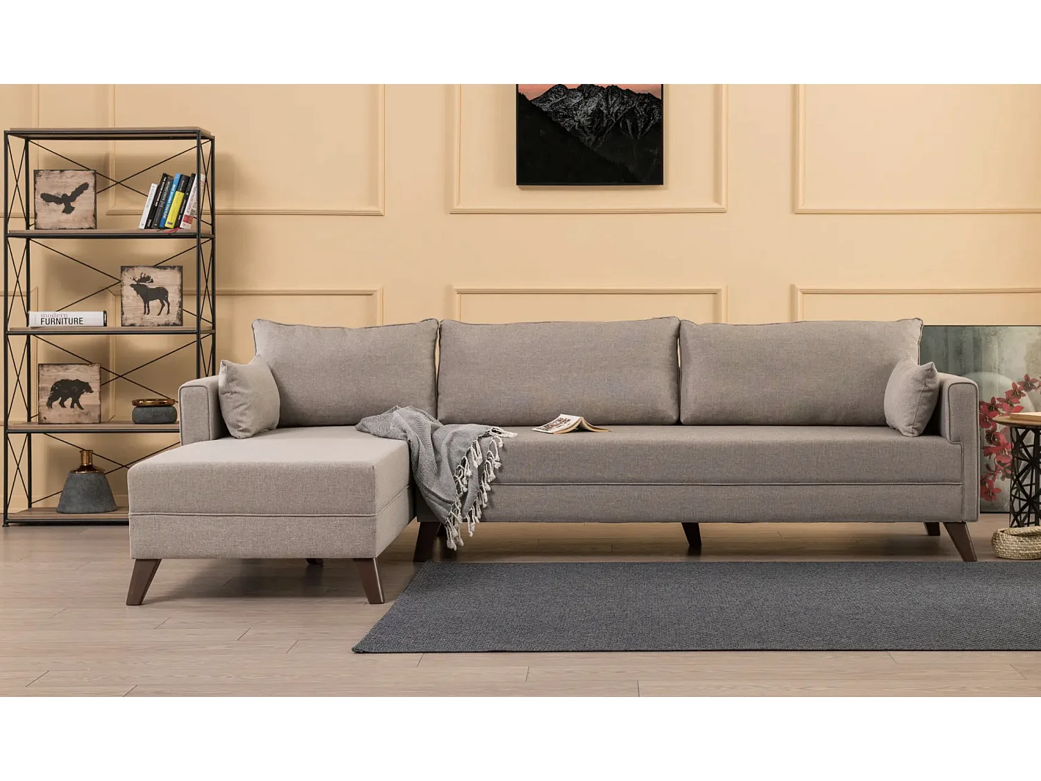 Canapé d'angle gauche 5 places tissu beige Kandy 275cm