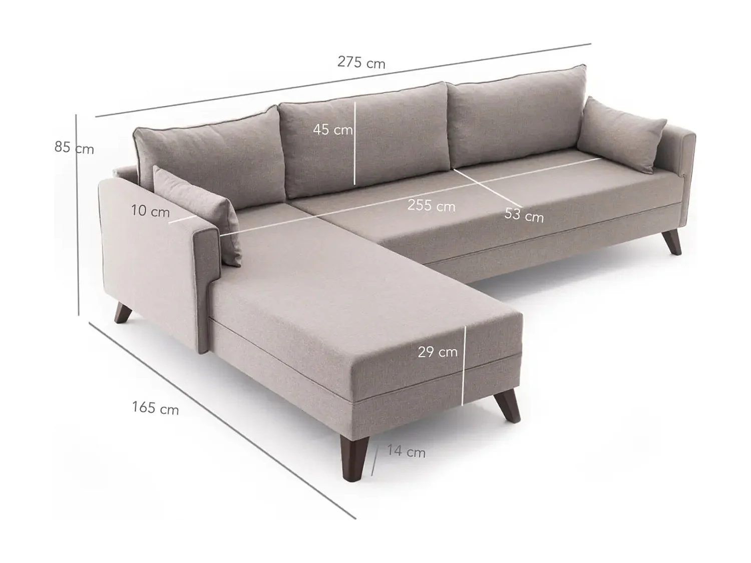 Canapé d'angle gauche 5 places tissu beige Kandy 275cm