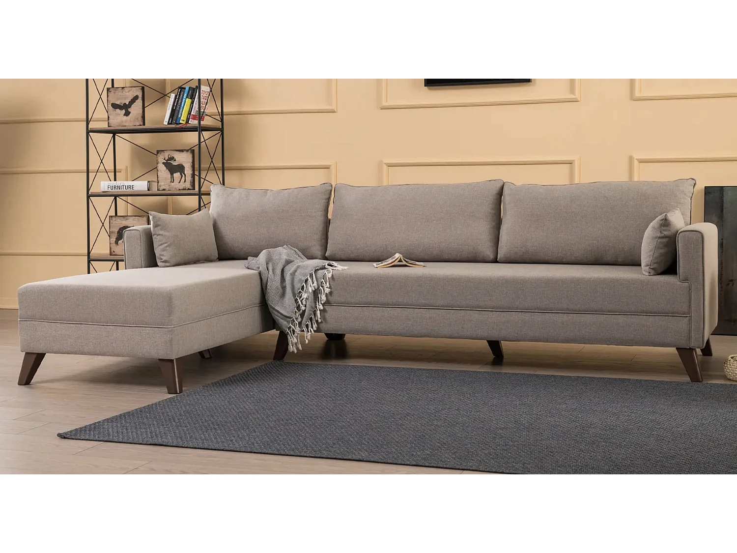 Canapé d'angle gauche 5 places tissu beige Kandy 275cm