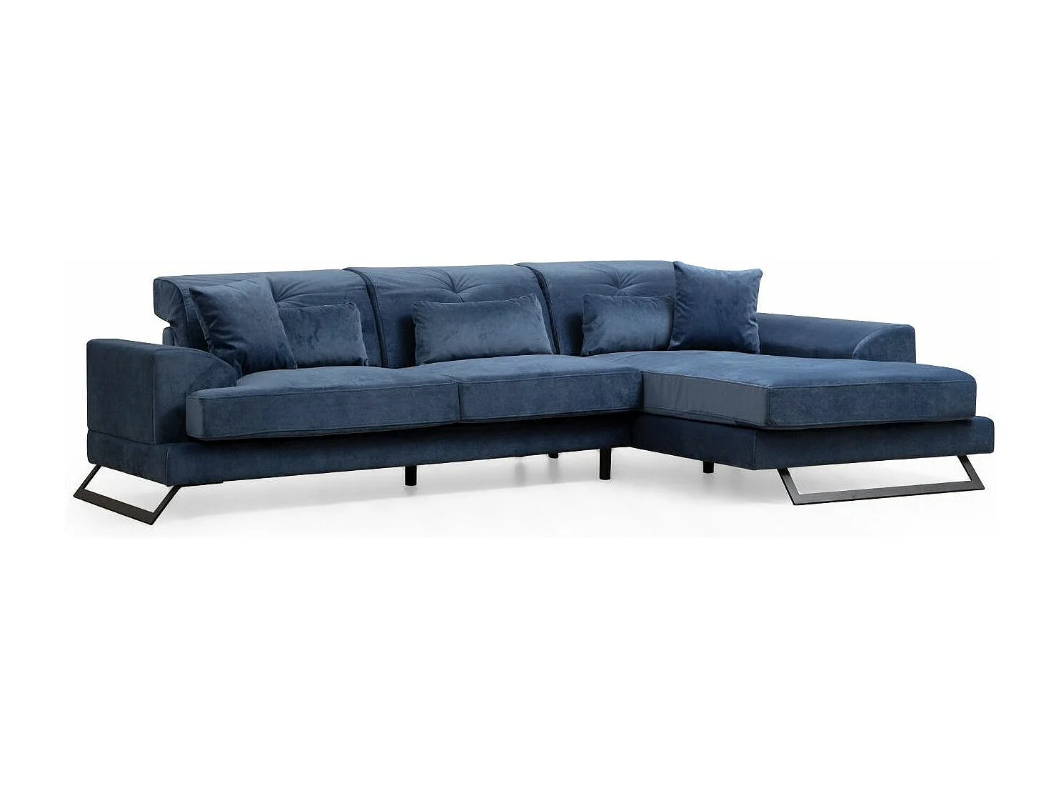 Canapé d'angle droit velours bleu avec têtières relevables et pieds metal noir Briko 308cm