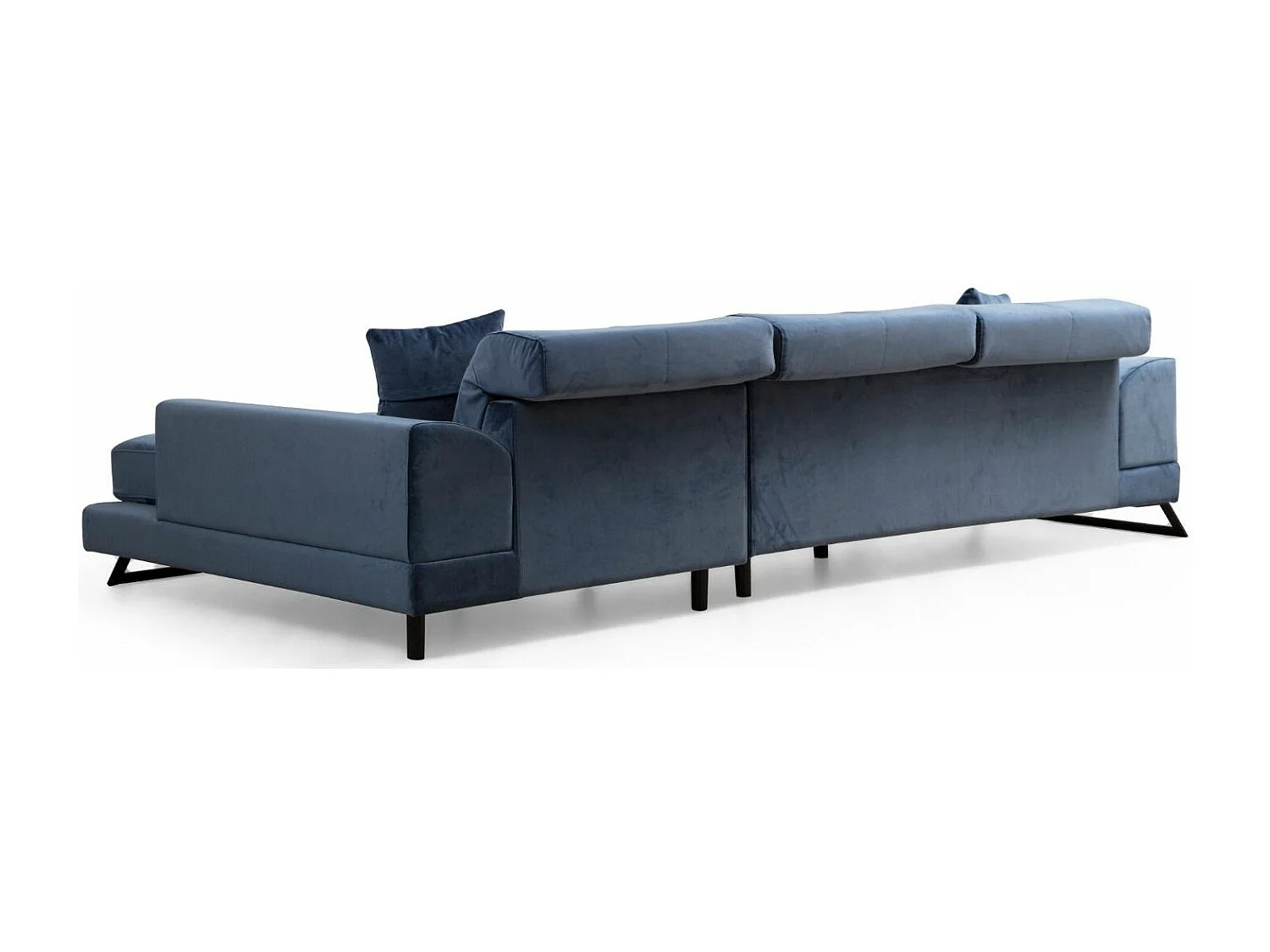 Canapé d'angle droit velours bleu avec têtières relevables et pieds metal noir Briko 308cm