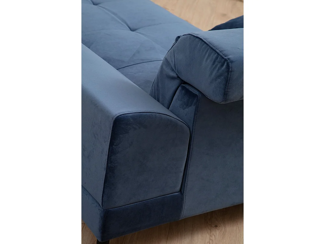 Canapé d'angle droit velours bleu avec têtières relevables et pieds metal noir Briko 308cm