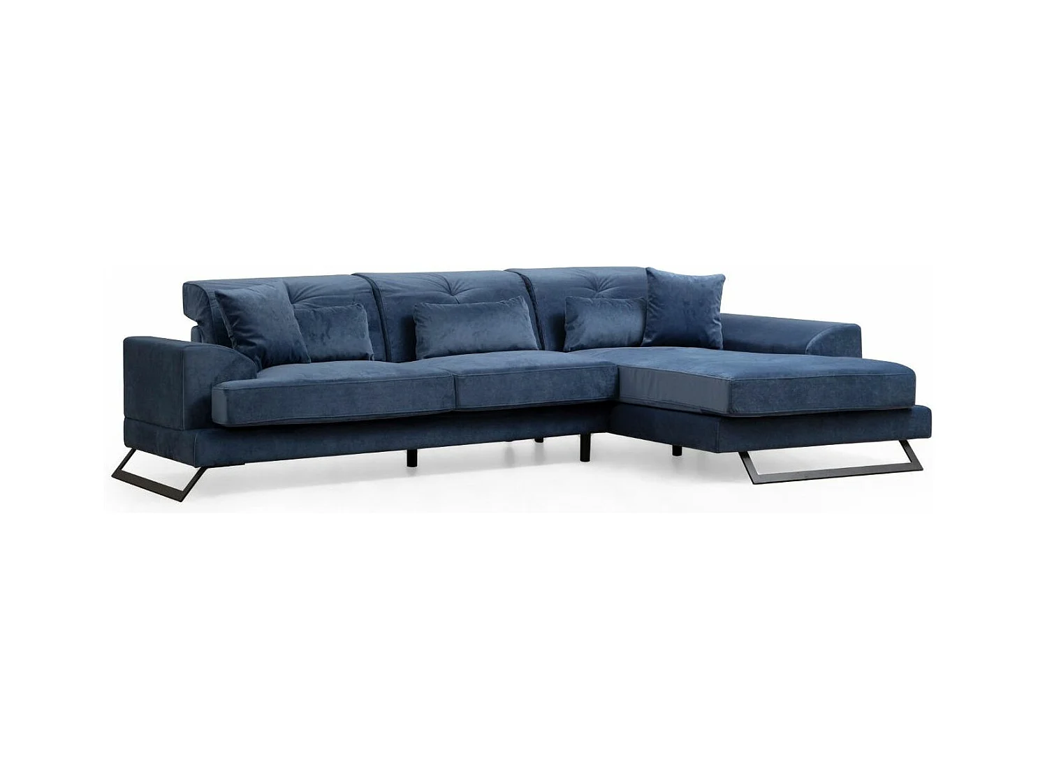Canapé d'angle droit velours bleu avec têtières relevables et pieds metal noir Briko 308cm
