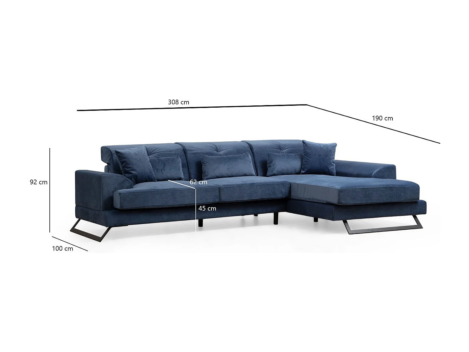 Canapé d'angle droit velours bleu avec têtières relevables et pieds metal noir Briko 308cm