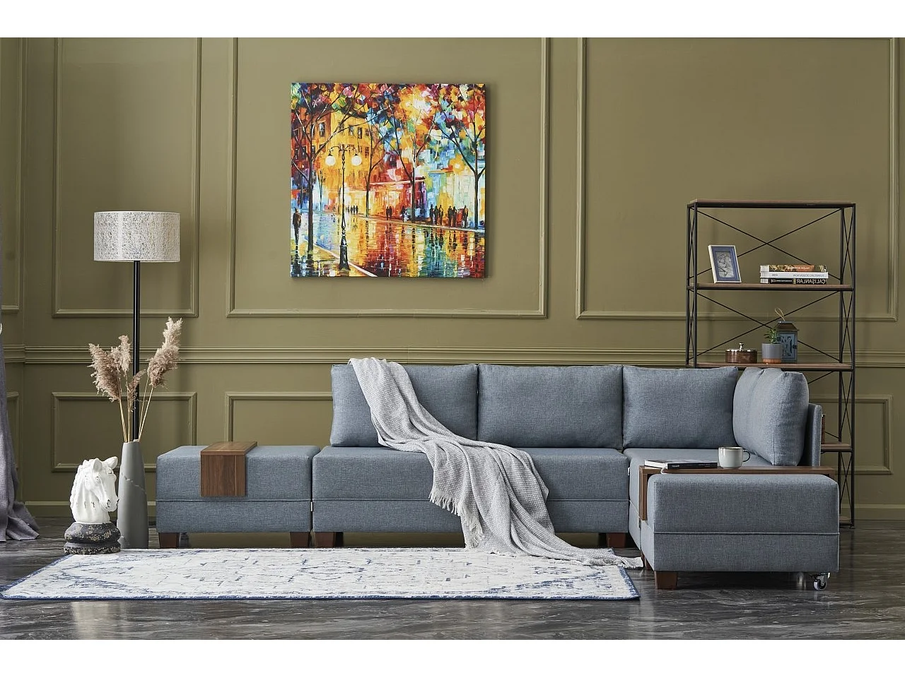 Canapé d'angle convertible et 2 poufs tissu Tikona 280cm-Bleu charrette-angle droit