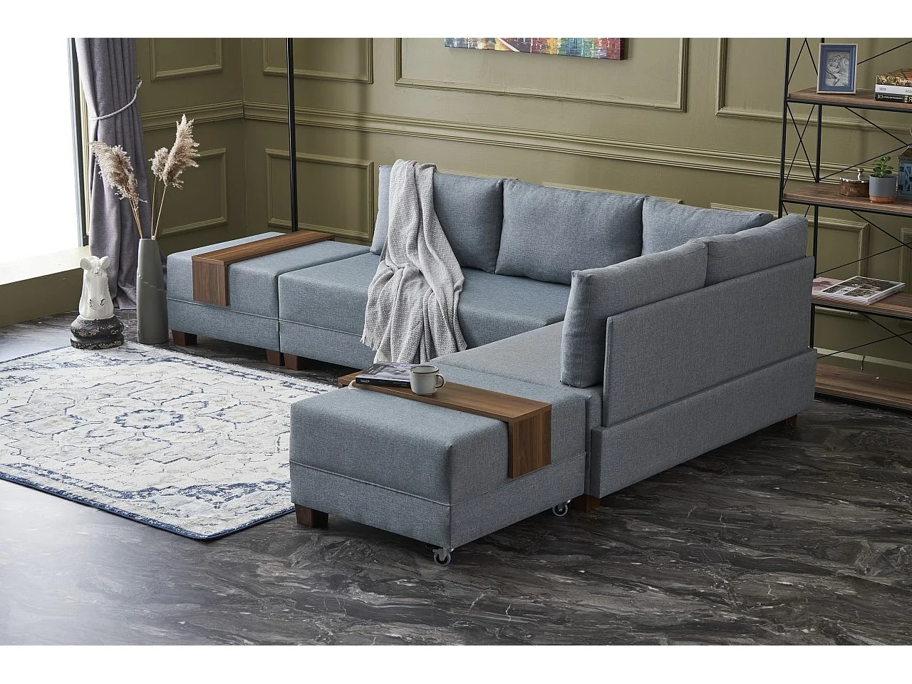Canapé d'angle convertible et 2 poufs tissu Tikona 280cm-Bleu charrette-angle droit