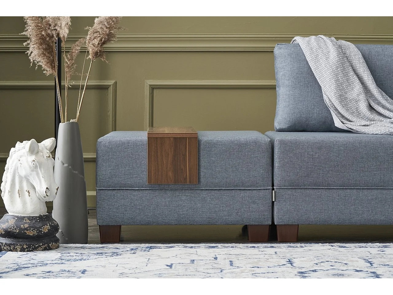 Canapé d'angle convertible et 2 poufs tissu Tikona 280cm-Bleu charrette-angle droit